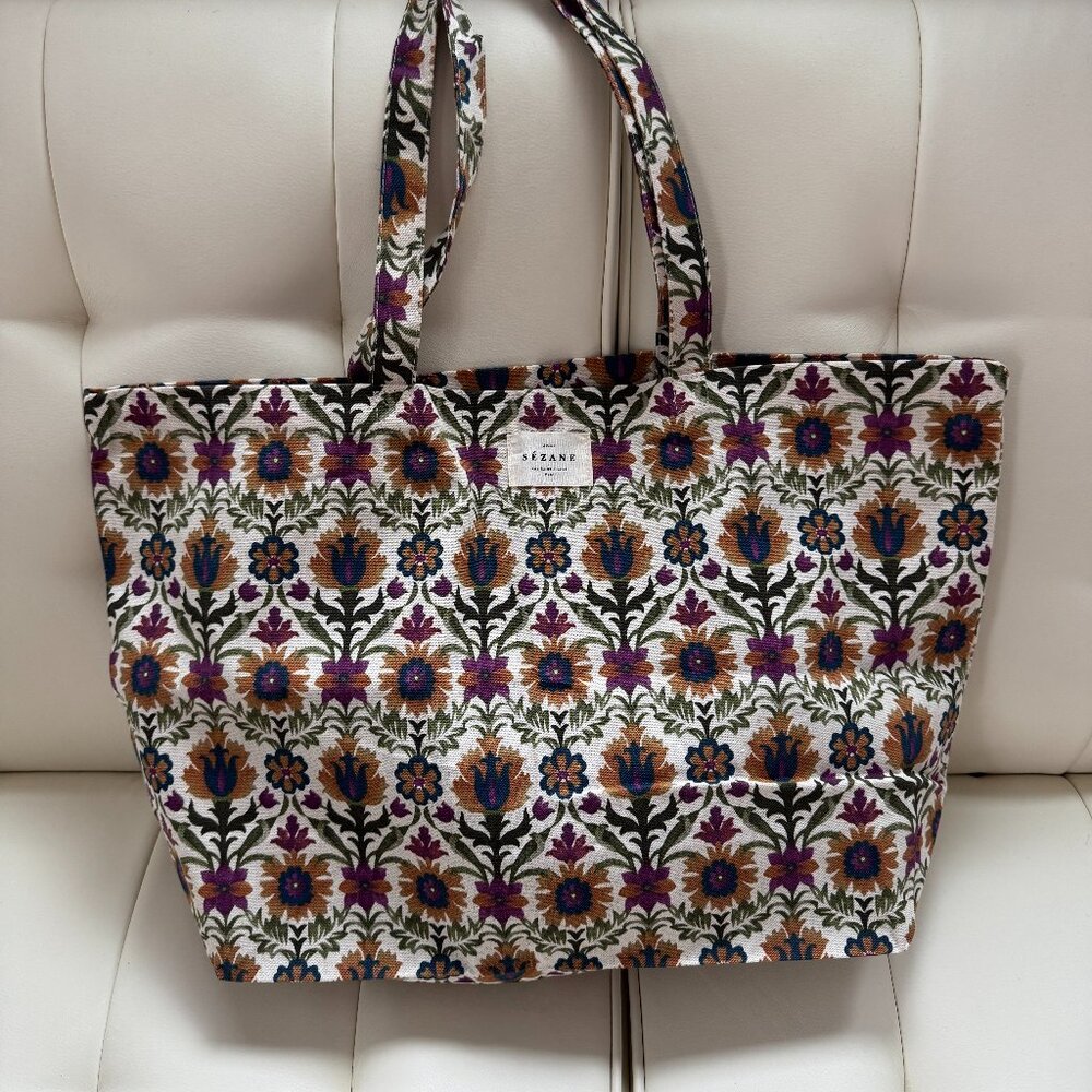 Sezane limited edition floral print tote bag, magenta navy green yellow, NWOT